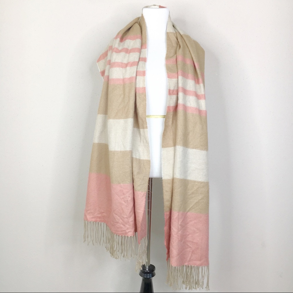 Collection 18 Tan and Pink Fringe Blanket Scarf